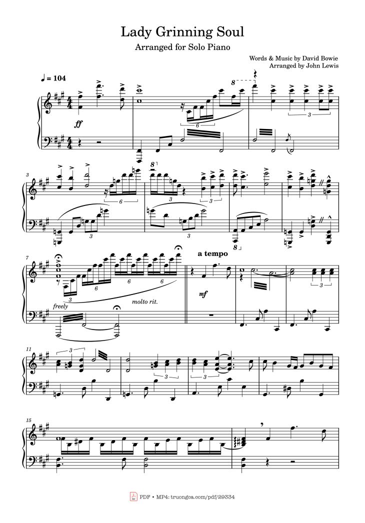 Page 1 of the piano sheet music PDF Piano – Lady Grinning Soul Piano by Words & Music by David Bowie