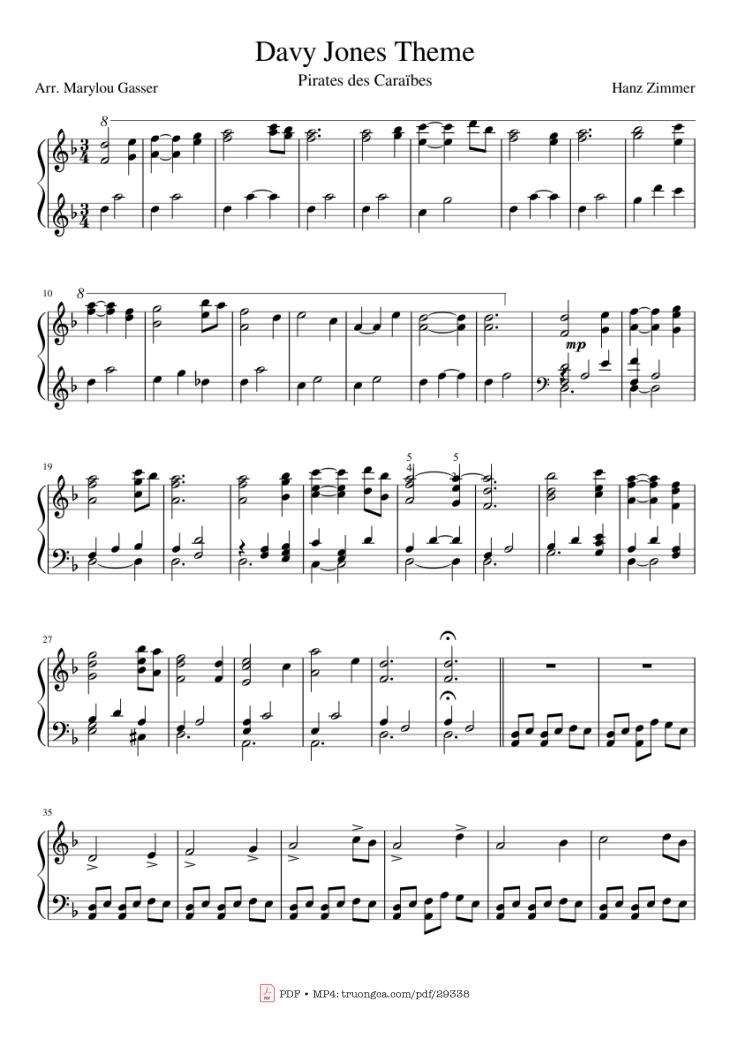 Page 1 of the piano sheet music PDF Piano – Davy Jones Theme Piano by Hanz Zimmer