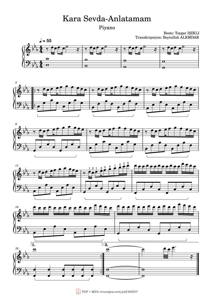 Page 1 of the piano sheet music PDF Piano – Kara Sevda-Anlatamam Piano by Beste: Toygar IŞIKLI