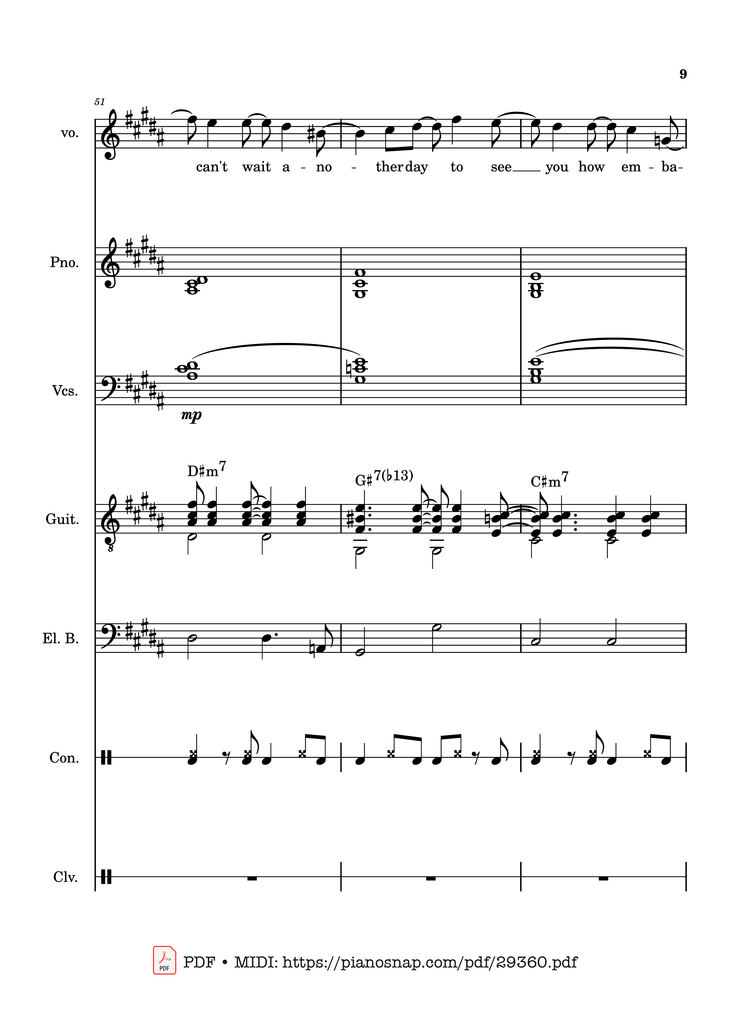 Page 9 of the piano sheet music PDF Piano Guitar Tab – Lover Girl - full transcription by Laufey