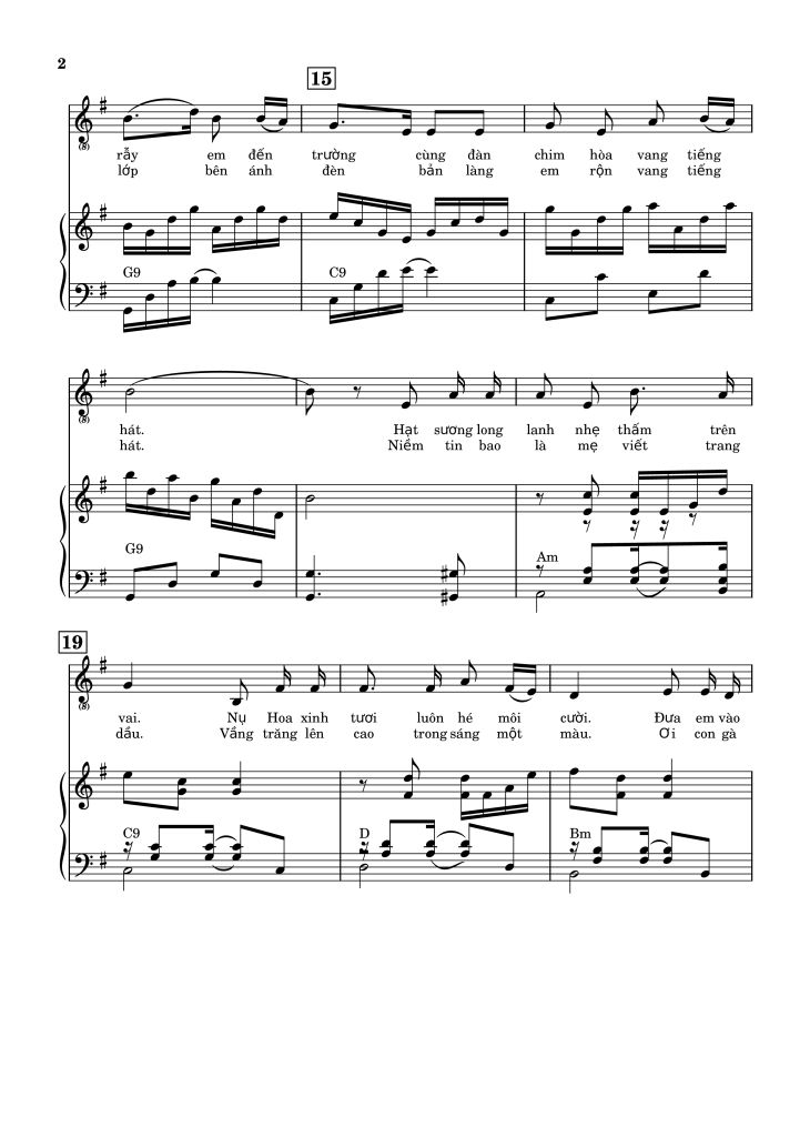 Page 2 of the piano sheet music PDF Piano – Niềm vui của em Piano đệm hát by Nhạc và lời: Nguyễn Huy Hùng