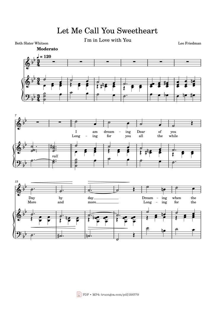 Page 1 of the piano sheet music PDF Piano – Let Me Call You Sweetheart Piano by Leo Friedman