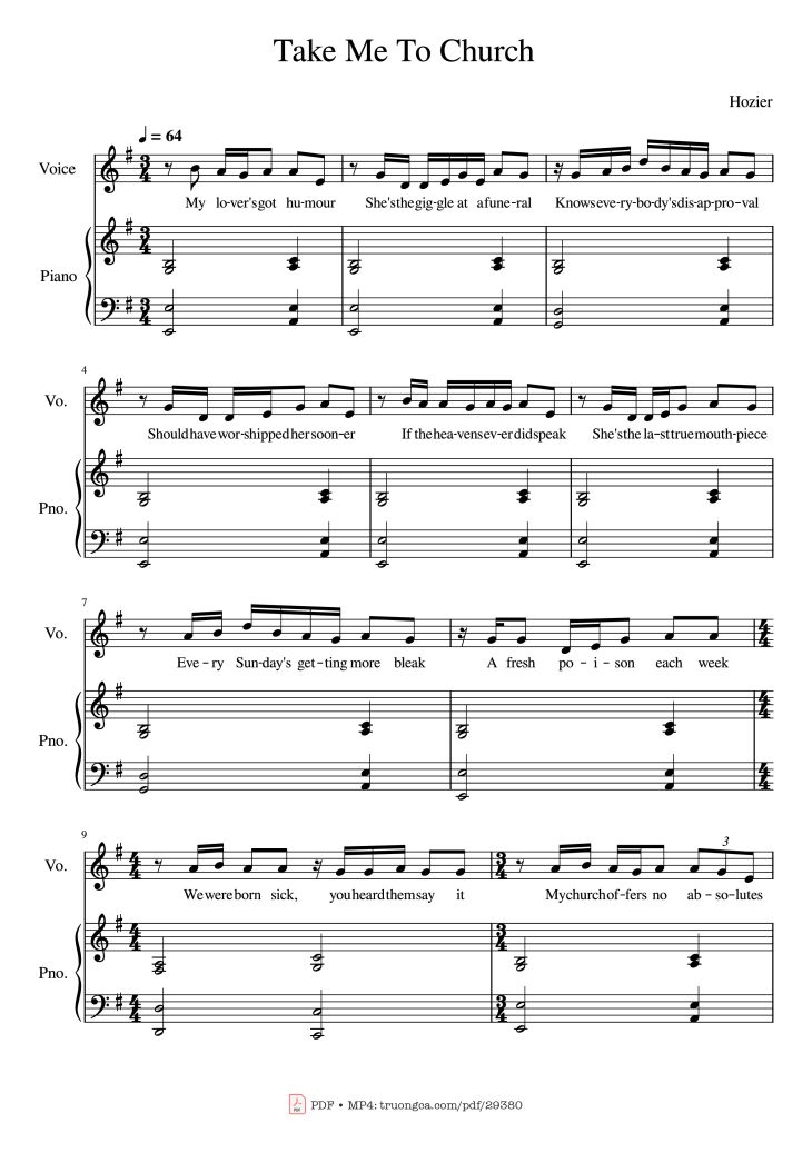 Page 1 of the piano sheet music PDF Piano – Take Me To Church Piano by Hozier