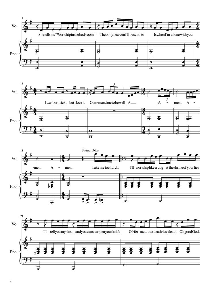 Page 2 of the piano sheet music PDF Piano – Take Me To Church Piano by Hozier