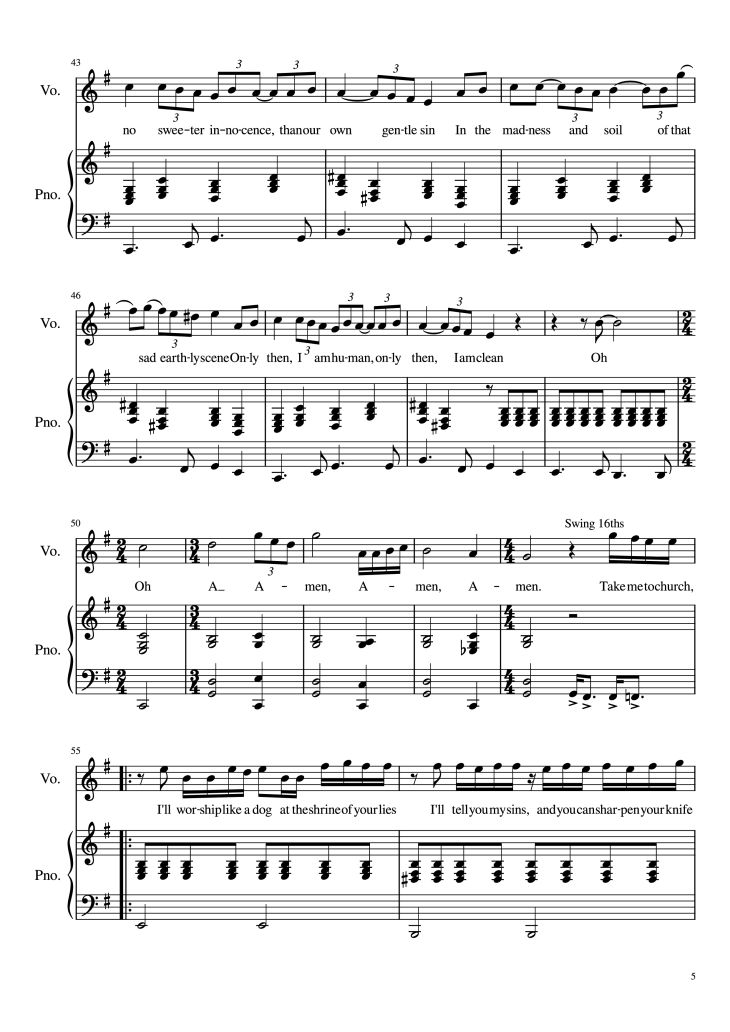 Page 5 of the piano sheet music PDF Piano – Take Me To Church Piano by Hozier