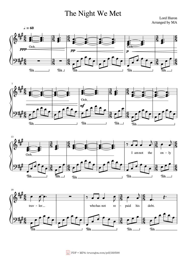 Page 1 of the piano sheet music PDF Piano – The Night We Met Piano by Lord Huron Arranged by MA