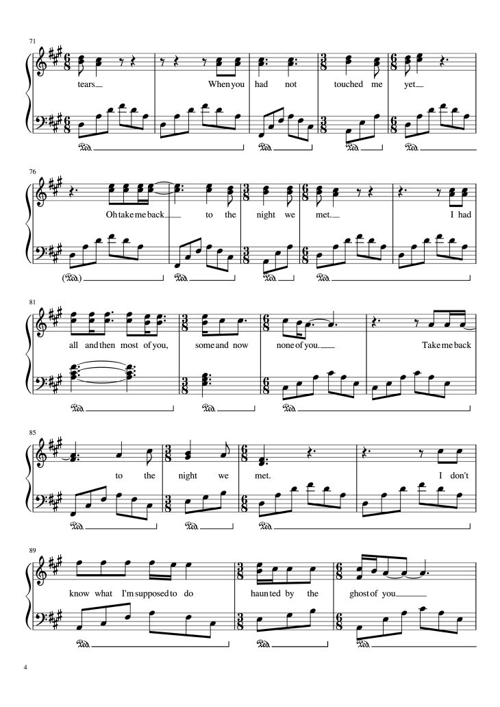 Page 4 of the piano sheet music PDF Piano – The Night We Met Piano by Lord Huron Arranged by MA