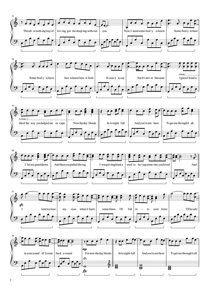 Page 2 of the piano sheet music PDF Piano – Someone You Loved Piano by Undefined
