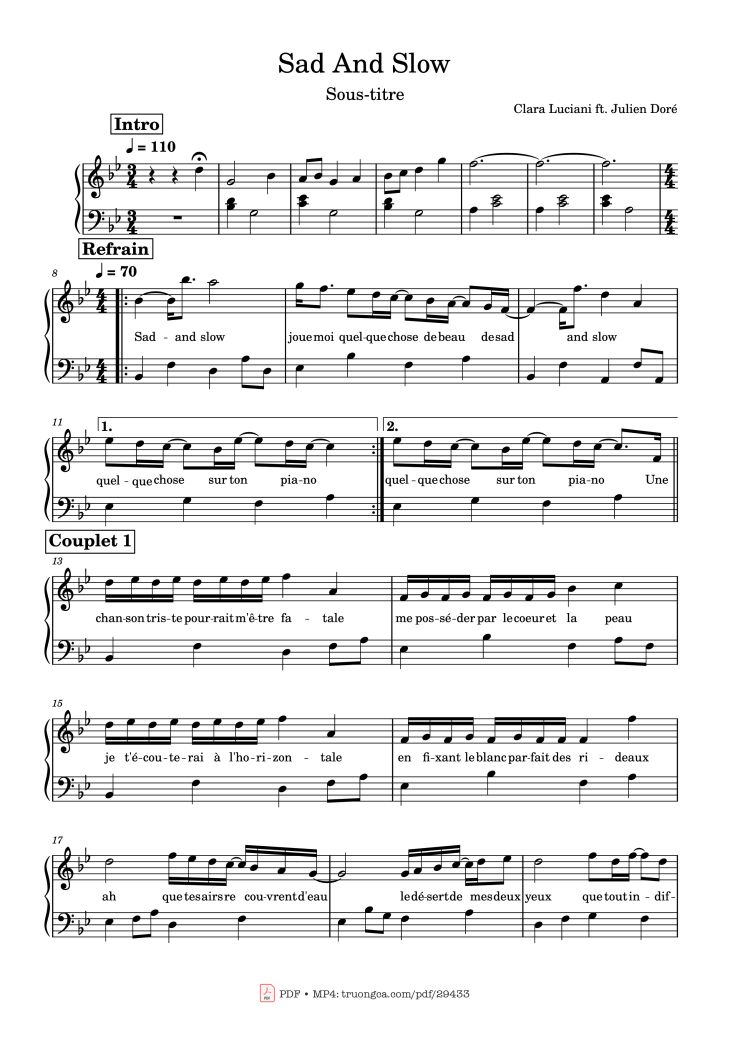 Page 1 of the piano sheet music PDF Piano – Sad And Slow Piano by Clara Luciani ft. Julien Doré