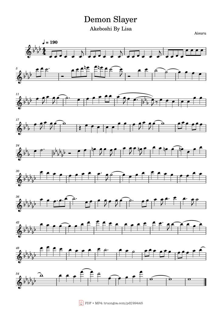 Page 1 of the piano sheet music PDF Piano – Demon Slayer Piano by Aisuru