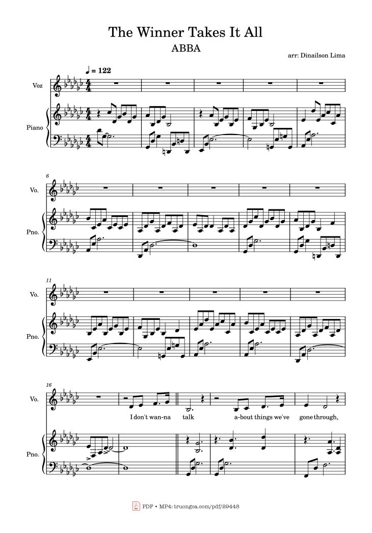 Page 1 of the piano sheet music PDF Piano – The Winner Takes It All Piano by Arr: Dinailson Lima