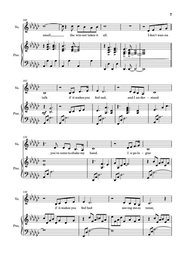 Page 7 of the piano sheet music PDF Piano – The Winner Takes It All Piano by Arr: Dinailson Lima