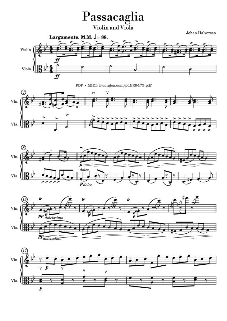 Page 1 of the piano sheet music PDF – Passacaglia for Violin and Viola by Johan Halvorsen
