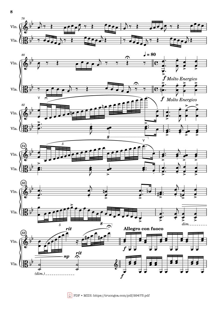 Page 8 of the piano sheet music PDF – Passacaglia for Violin and Viola by Johan Halvorsen