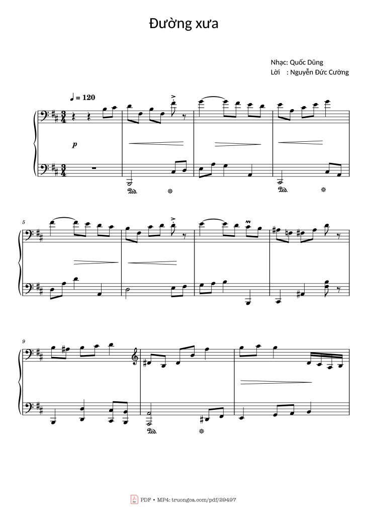 Page 1 of the piano sheet music PDF Piano – Đường xưa Piano by Nhạc: Quốc Dũng
