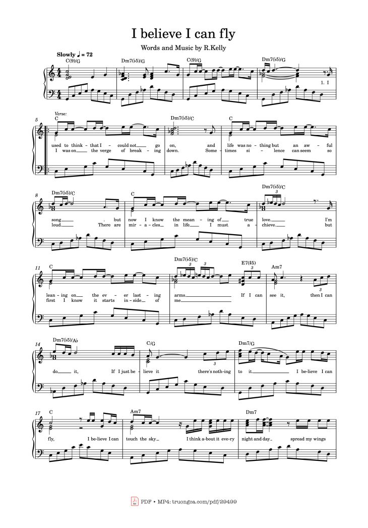 Page 1 of the piano sheet music PDF – I believe I can fly Piano by R. Kelly
