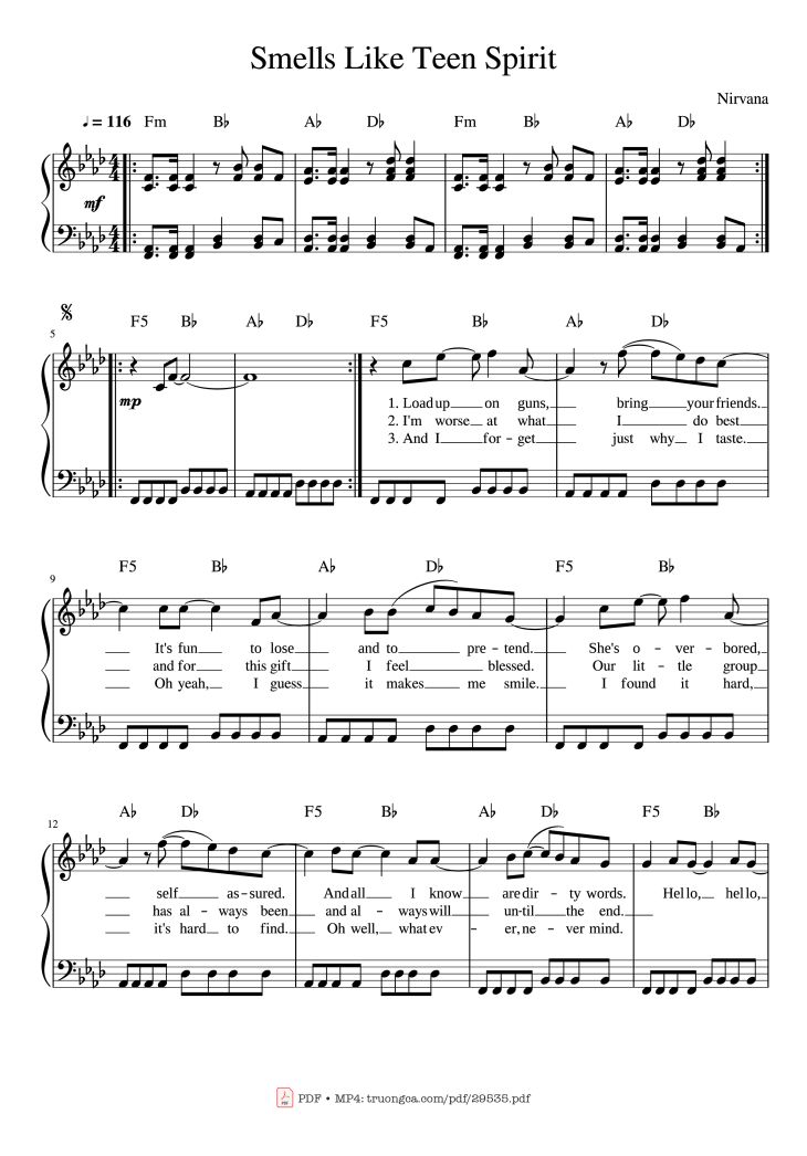 Page 1 of the piano sheet music PDF Piano – Smells Like Teen Spirit Piano by Nirvana