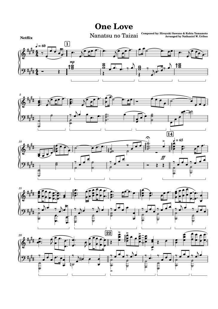 Page 1 of the piano sheet music PDF – One Love Piano by Composed by: Hiroyuki Sawano & Kohta Yamamoto