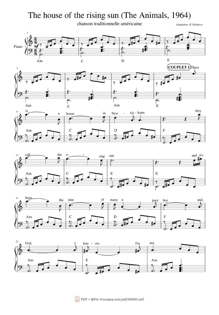 Page 1 of the piano sheet music PDF Piano – The house of the rising sun (The Animals) Piano by Bernard Delahaye