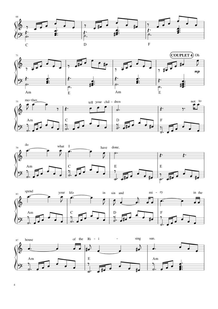 Page 4 of the piano sheet music PDF Piano – The house of the rising sun (The Animals) Piano by Bernard Delahaye