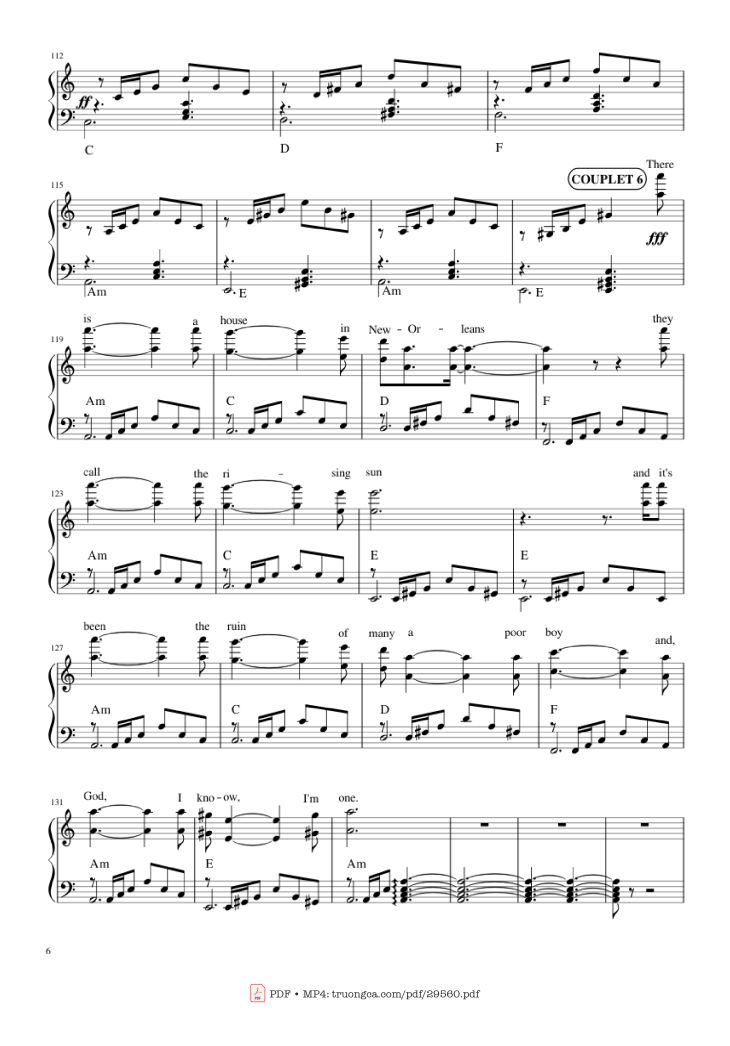 Page 6 of the piano sheet music PDF Piano – The house of the rising sun (The Animals) Piano by Bernard Delahaye