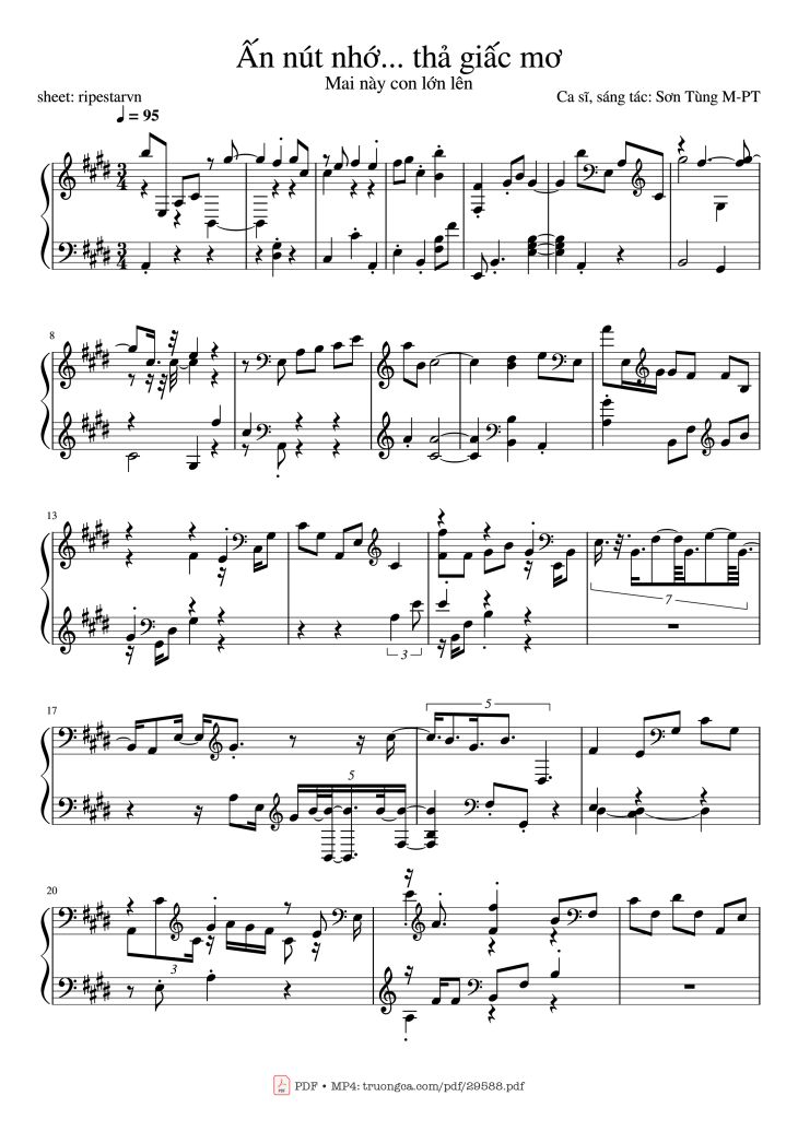 Page 1 of the piano sheet music PDF – Ấn nút nhớ... thả giấc mơ Piano by Ca sĩ, sáng tác: Sơn Tùng M-PT