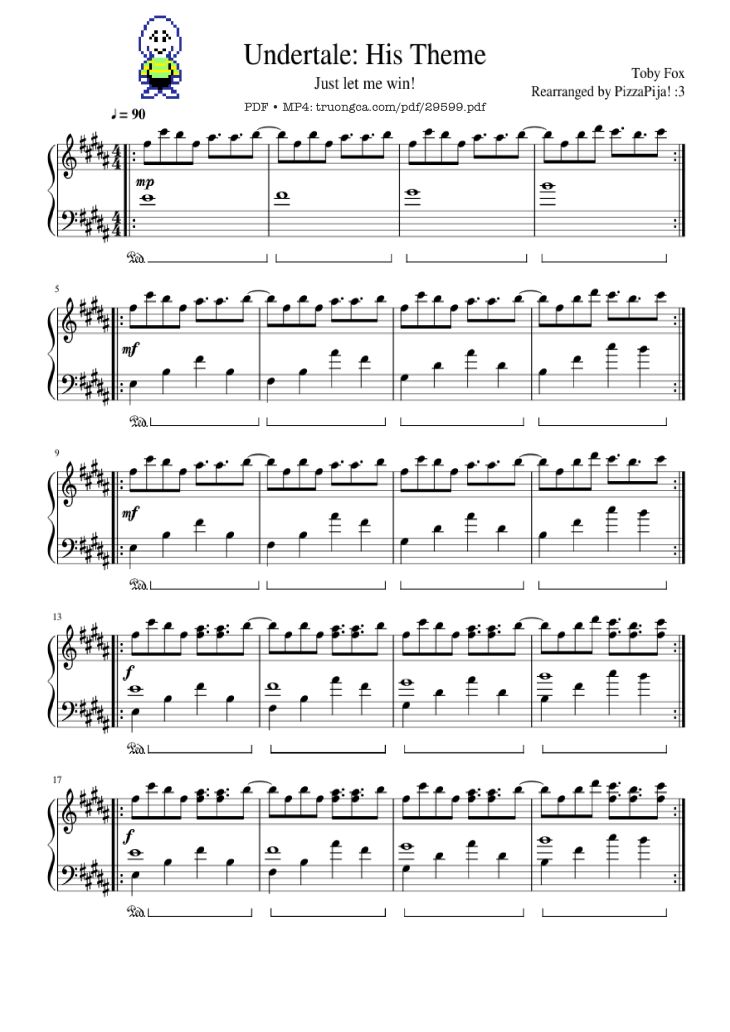 Page 1 of the piano sheet music PDF Piano – Undertale: His Theme Piano by Toby Fox Rearranged by PizzaPija! :3