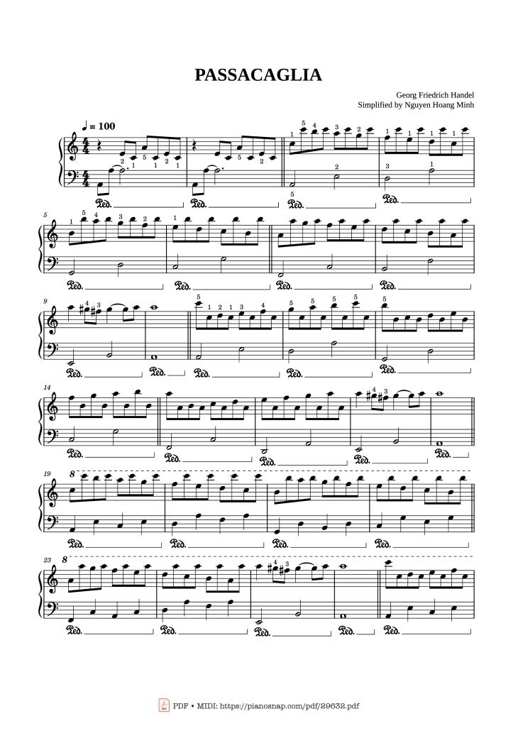 Page 1 of the piano sheet music PDF Piano – Passacaglia Piano EASY by Georg Friedrich Handel