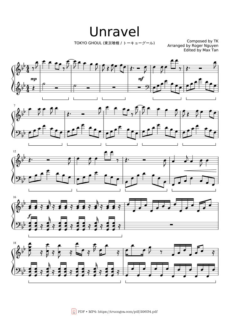 Page 1 of the piano sheet music PDF Piano – Unravel Piano by Composed by TK Arranged by Roger Nguyen Edited by Max Tan