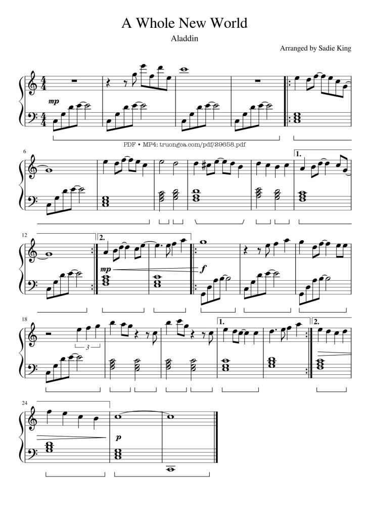 Page 1 of the piano sheet music PDF – A Whole New World Piano EASY by SadieKing27