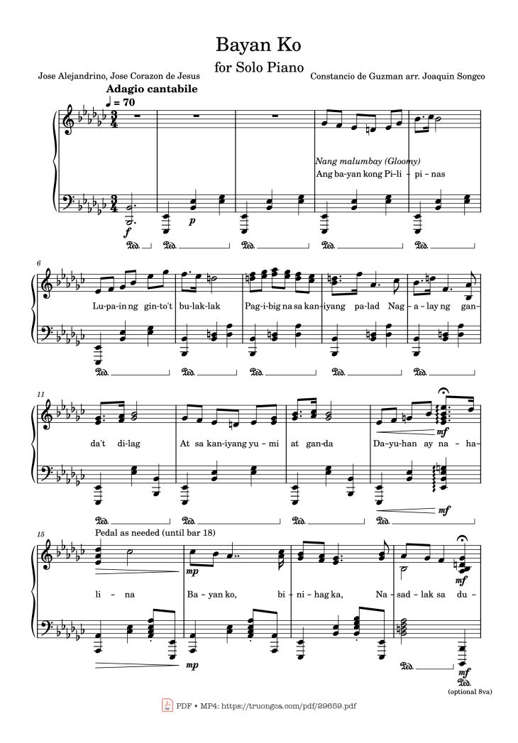 Page 1 of the piano sheet music PDF Piano – Bayan Ko Piano by Constancio de Guzman arr. Joaquin Songco