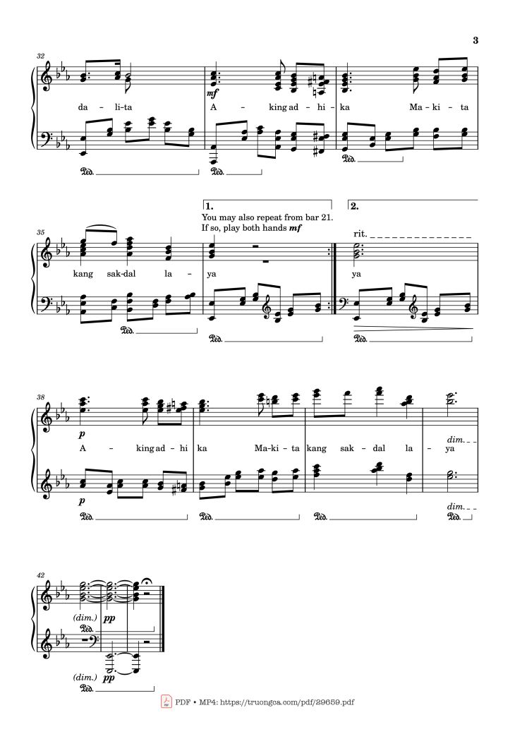 Page 3 of the piano sheet music PDF Piano – Bayan Ko Piano by Constancio de Guzman arr. Joaquin Songco