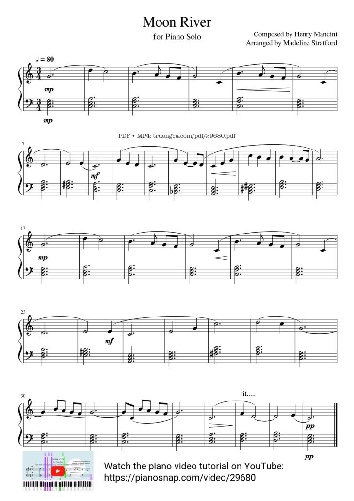 Page 1 of the piano sheet music PDF Piano – Moon River Piano easy by Breakfast at Tiffany