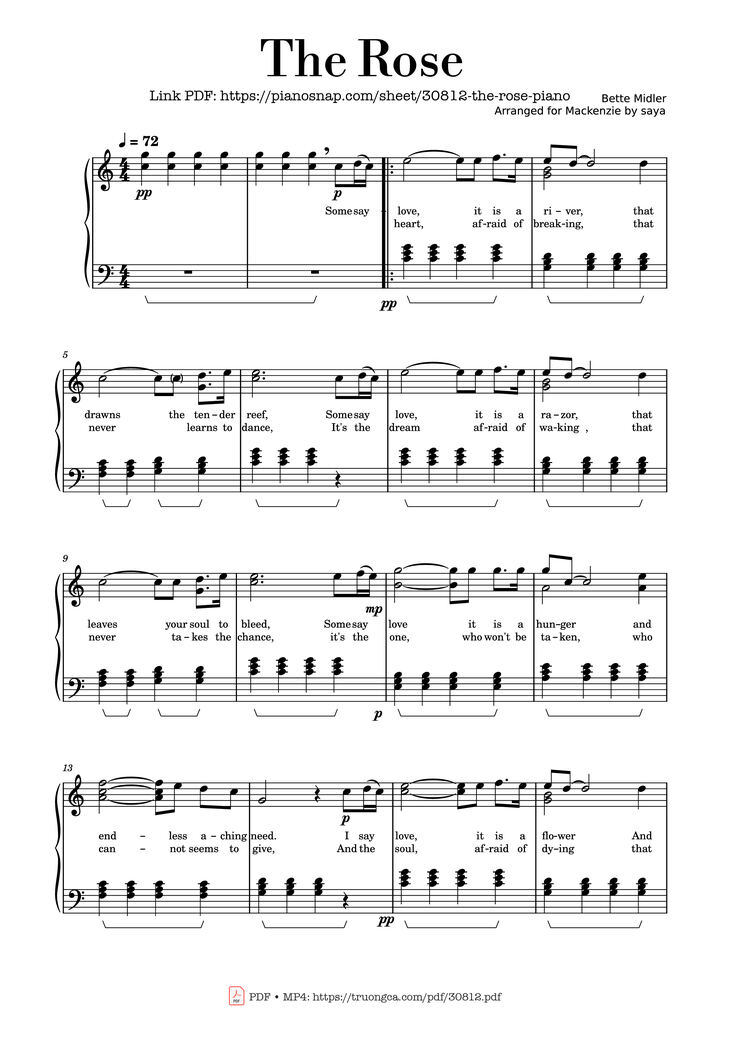Page 1 of the piano sheet music PDF Piano – The Rose Piano by Bette Midler