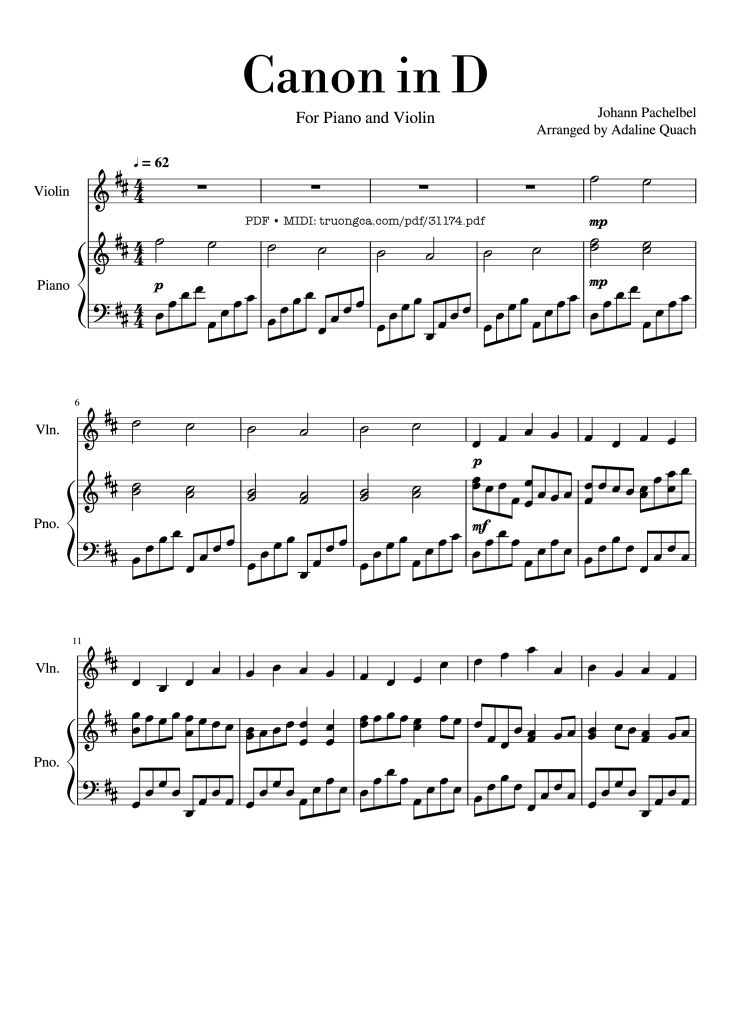 Page 1 of the piano sheet music PDF Piano – Canon in D major Piano Violin by Pachelbel