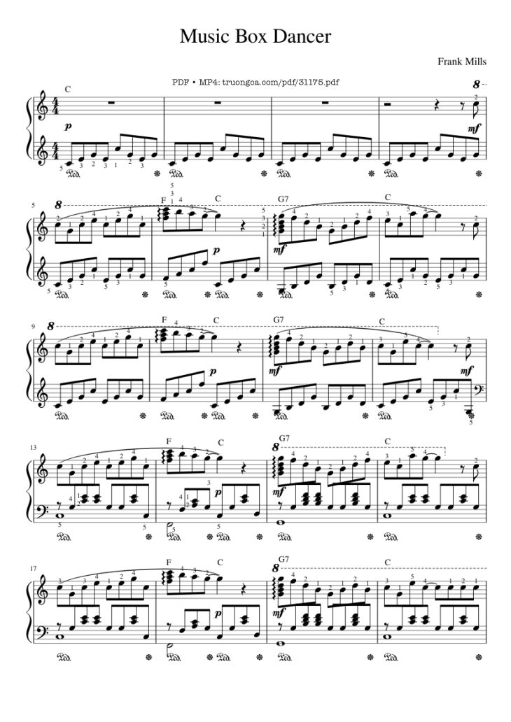 Page 1 of the piano sheet music PDF Piano – Music Box Dancer Piano by Frank Mills