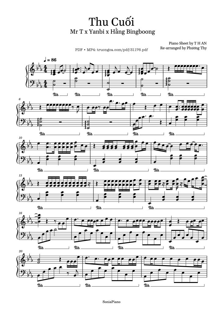 Page 1 of the piano sheet music PDF – Thu Cuối Piano by Yanbi