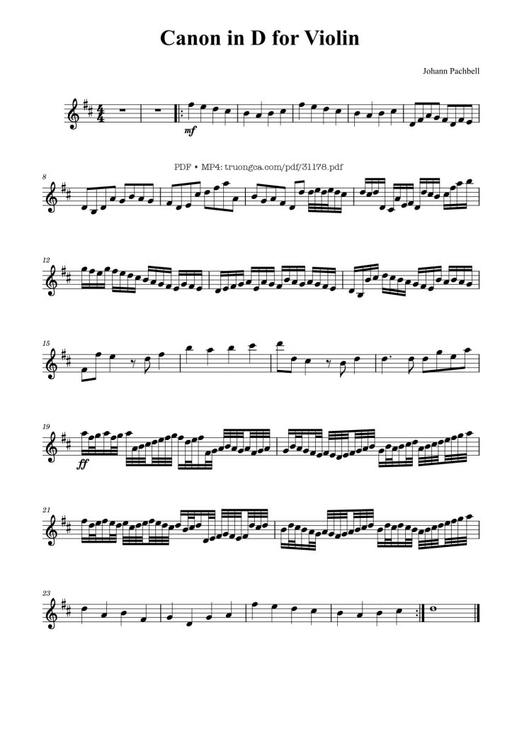 Page 1 of the piano sheet music PDF – Canon in D (Violin) by Johann Pachbell