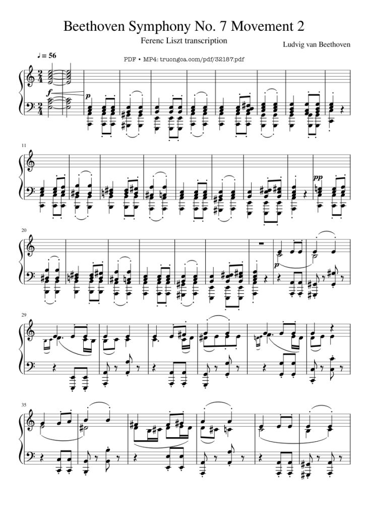 Page 1 of the piano sheet music PDF Piano – Beethoven Symphony No. 7 Movement 2 Piano by Ludvig van Beethoven