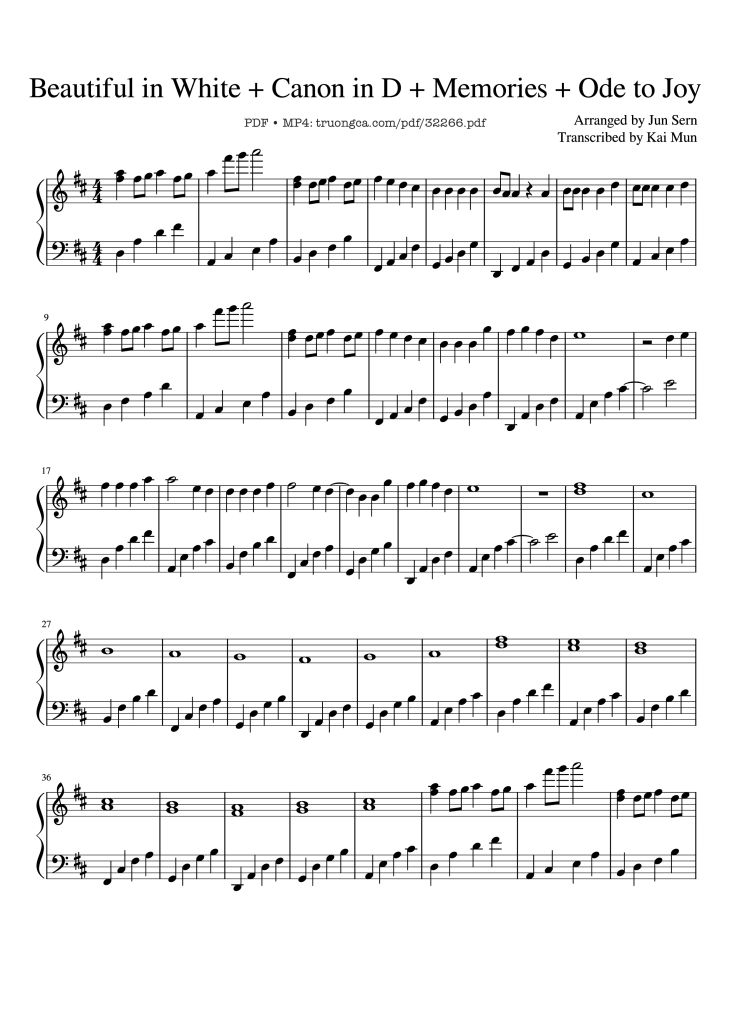 Page 1 of the piano sheet music PDF Piano – Beautiful in White + Canon in D + Memories + Ode to Joy Piano by Jun Sern