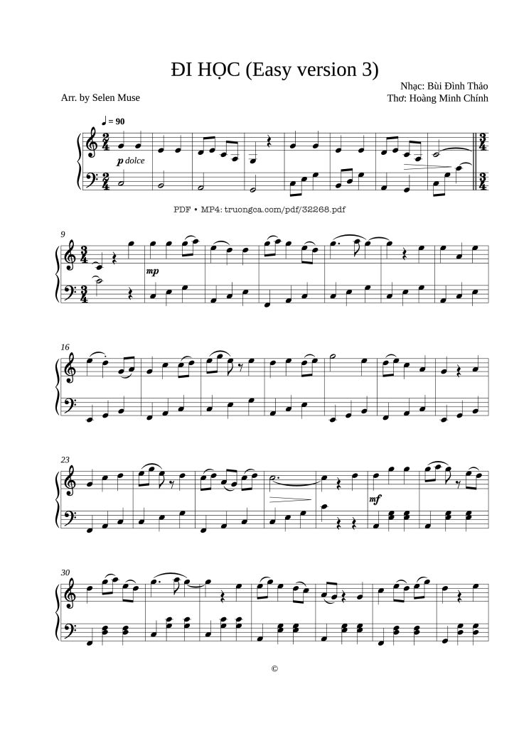 Page 1 of the piano sheet music PDF Piano – Đi học (Easy version) Piano by Bùi Đình Thảo