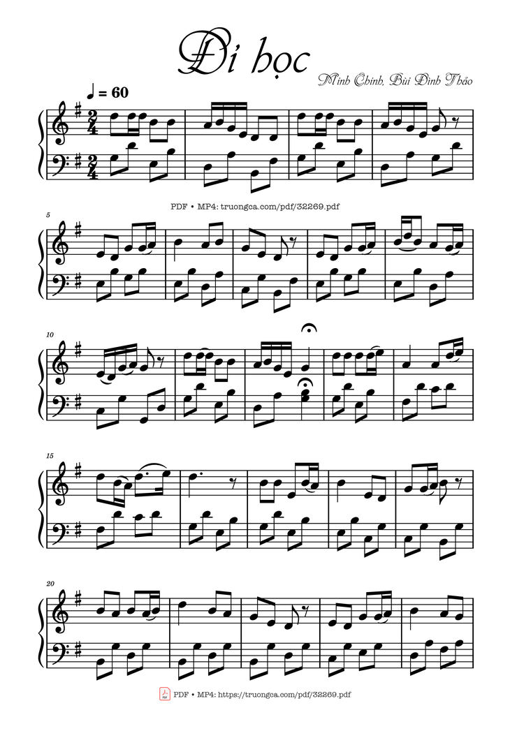 Page 1 of the piano sheet music PDF Piano – Đi học Piano by Bùi Đình Thảo