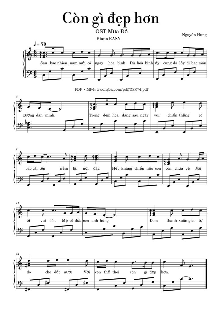 Page 1 of the piano sheet music PDF – Còn gì đẹp hơn Piano dễ (Mưa đỏ OST) by Nguyễn Hùng