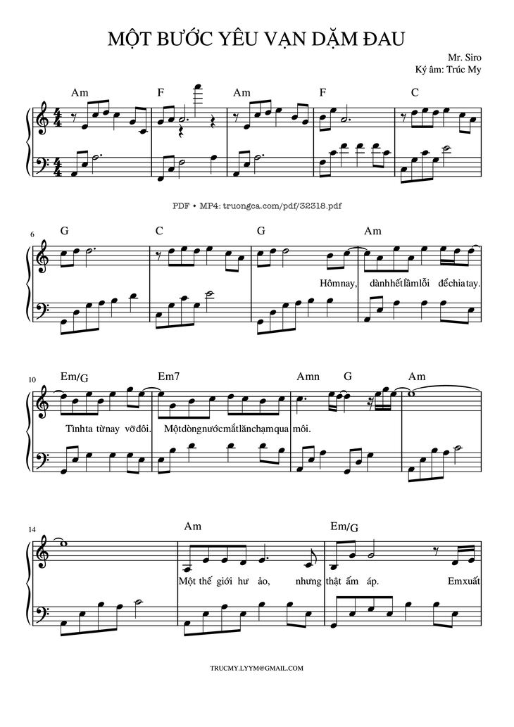 Page 1 of the piano sheet music PDF Piano – Một bước yêu, vạn dặm đau Piano by Mr. Siro