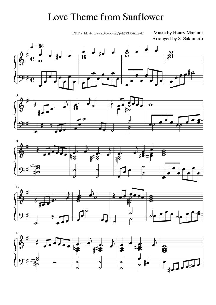 Page 1 of the piano sheet music PDF Piano – Love Theme from Sunflower Piano by Henry Mancini