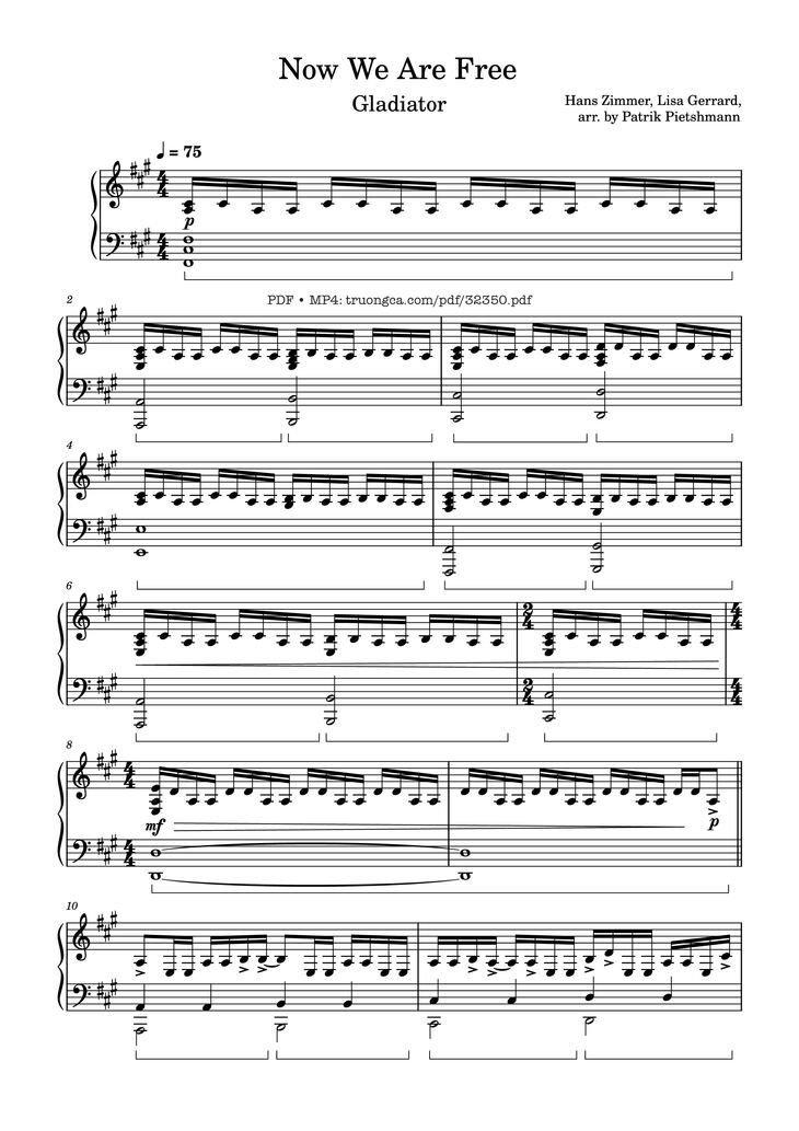 Page 1 of the piano sheet music PDF Piano – Now We Are Free Piano by Hans Zimmer, Lisa Gerrard