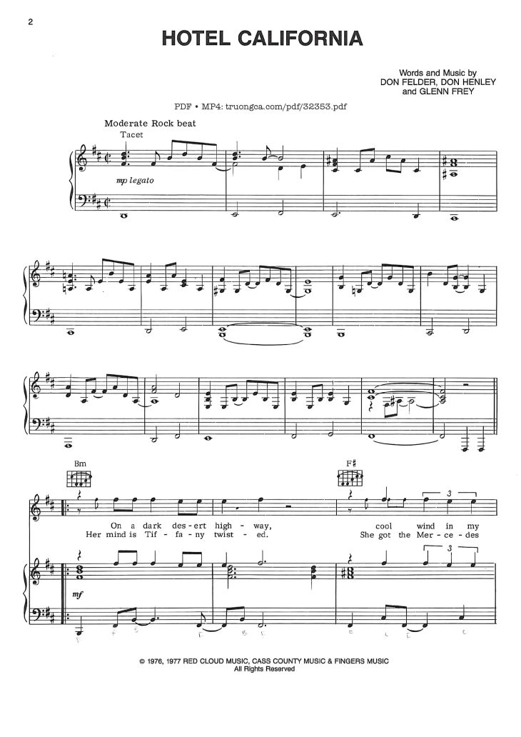 Page 1 of the piano sheet music PDF – Hotel California Piano-Vocal by Eagles