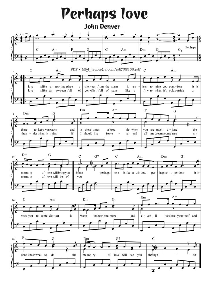 Page 1 of the piano sheet music PDF Piano – Perhaps love Piano (Tone C with lyric) by John Denver