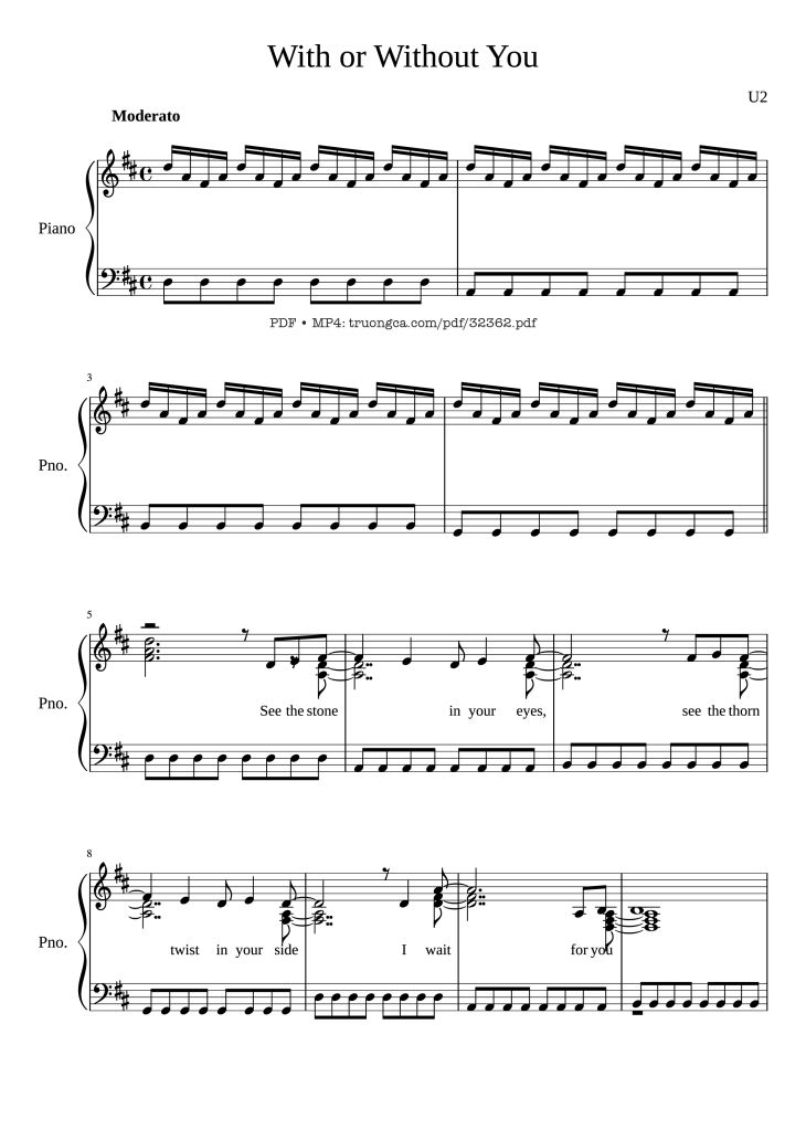 Page 1 of the piano sheet music PDF Piano – With or Without You Piano by U2