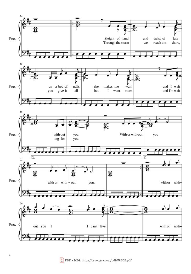 Page 2 of the piano sheet music PDF Piano – With or Without You Piano by U2